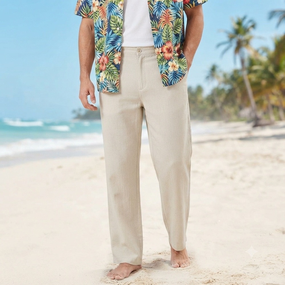 Caribbean Pants Mens 46x26 Beige 100% Linen Elastic Straight Leg Casual Beach